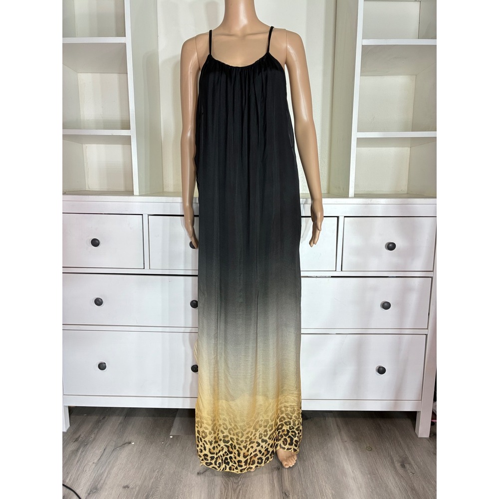 Scandal Italy Silk Blend Ombre Leopard Print Maxi Dress Black Yellow Tan
